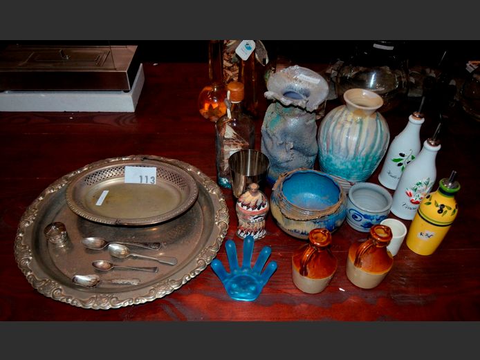 SILVER PLATE PIERCED BOWL, TRAY, POTTERY VASES, etc