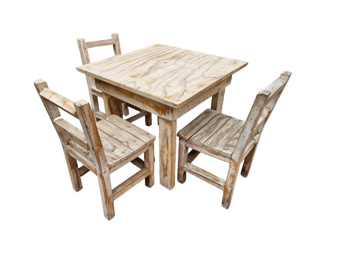Kids Size White Washed Painted Wood Table & Chairs Set