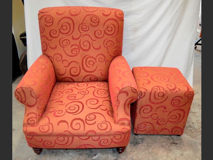 FULLY UPHOLSTERED LIBRARY ARMCHAIR WITH MATCHING OTTOMAN [25,26]