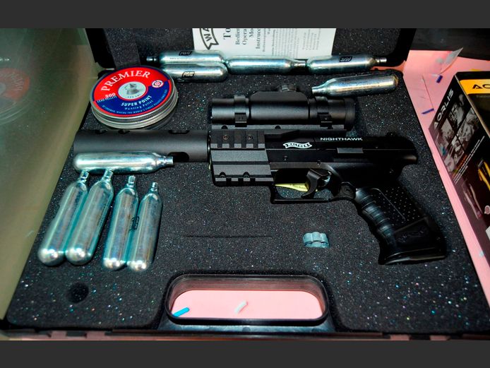 WALTHER TOP POINT NIGHT HAWK GAS PELLET GUN IN CASE WITH AIR CYLINDERS [Unchecked]