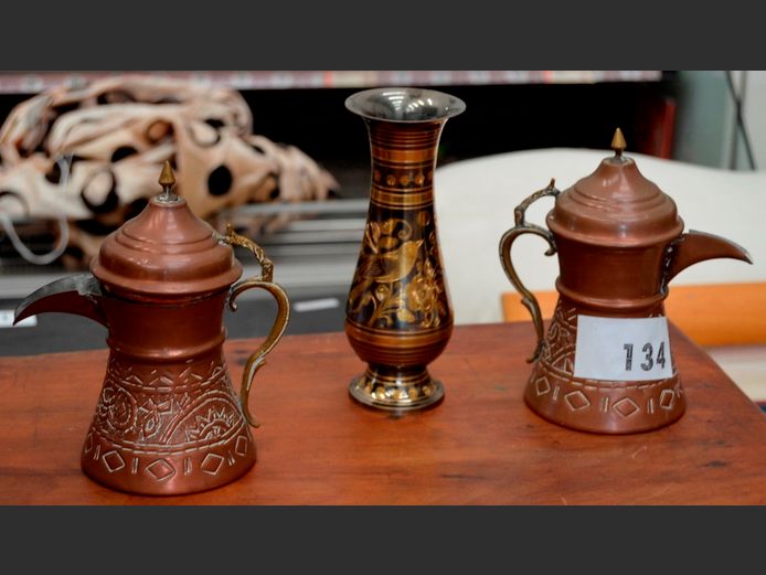 PAIR COPPER TURKISH COFFEE POTS & AN ORNATELY DECORATED VASE