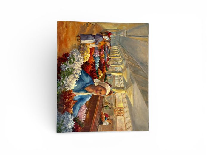 Oil Painting – Flower Market Scene (Signed “Helen Goosen”)