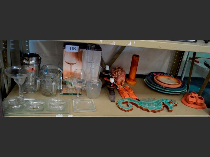 WINE GLASSES, JUGS, WALL PLATES, CANDLE STAND, etc