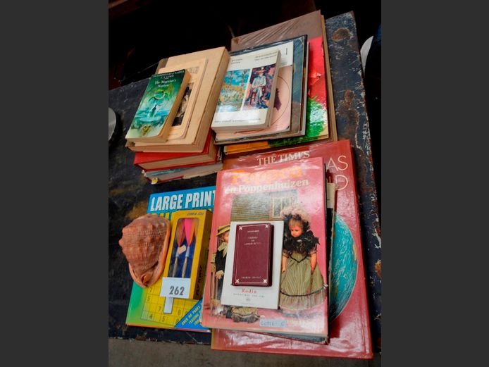 ASSORTED BOOKS, SEASHELLS, DARTS, etc