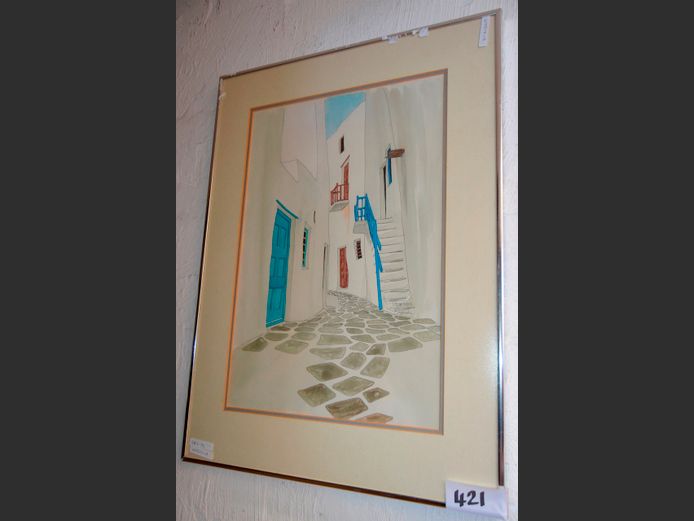 FRAMED WATERCOLOUR "GREEK STREET SCENE", 48 x 32cm