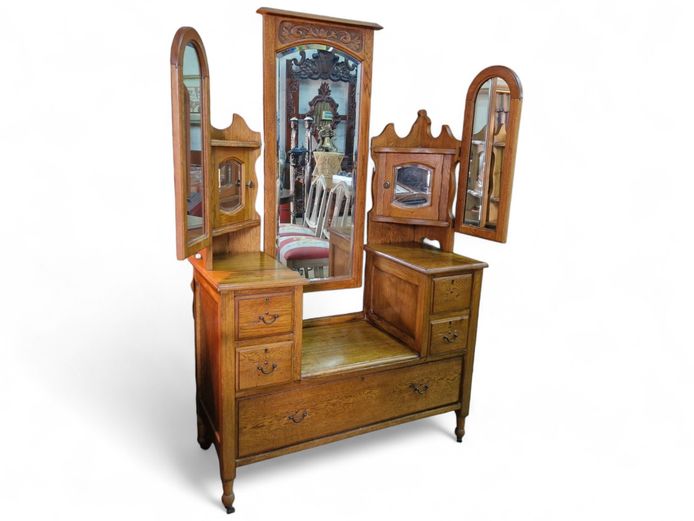 Antique Oak Triple Mirror Pedestal Dressing Table