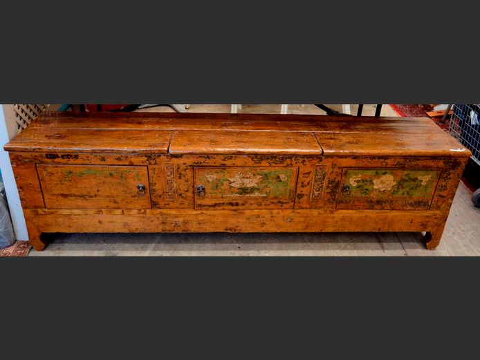 ANTIQUE CHINESE 3-DRAWER HAND PAINTED STORAGE BENCH, 187 x 39 x 53cm