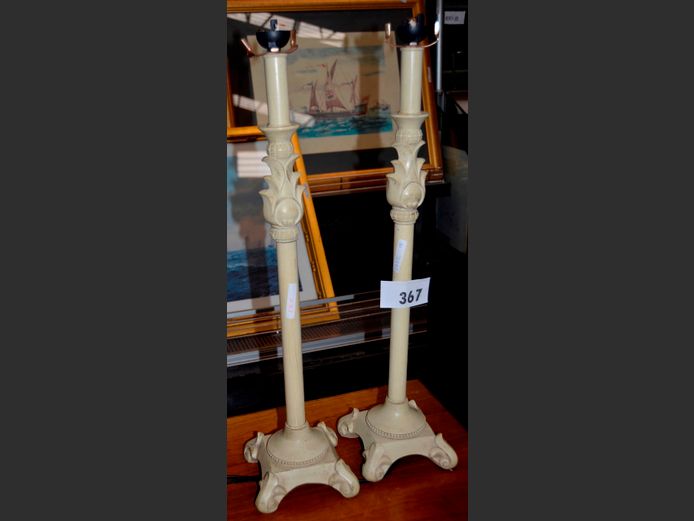 PAIR WHITE PAINTED BEDSIDE LAMPS, 58cm High [No shades]