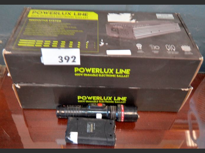 LOT: 2 x POWERLUX 600W DIMMABLE BALLASTS, TORCH & STUN GUN [Untested]