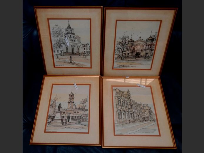 SET OF 4 FRAMED PRINTS "OLD TOWNS", 26 x 20cm