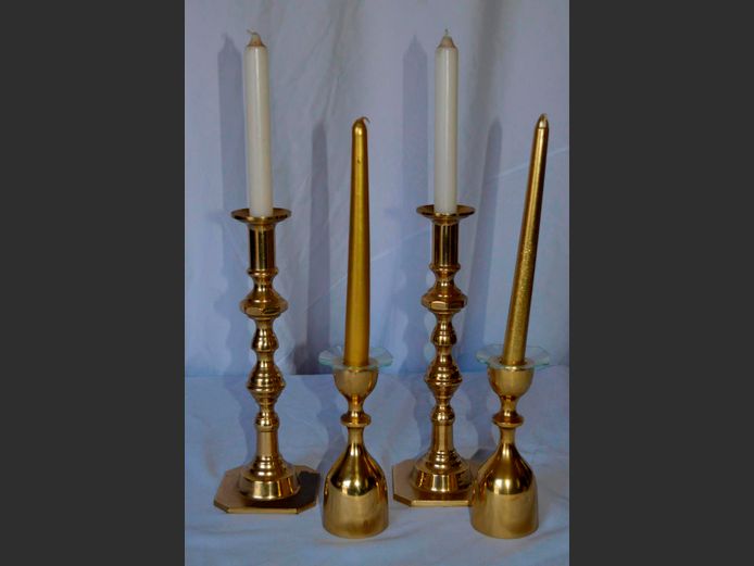 LOT: 2 x PAIRS BRASS CANDLESTICKS, 29cm High & 16cm High