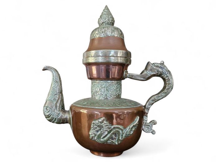 Antique Tibetan Chased Silver over Copper Teapot