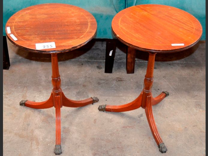 PAIR CIRCULAR MAHOGANY SIDE TABLES, 36cm Diameter x 53cm High [In need of some TLC]
