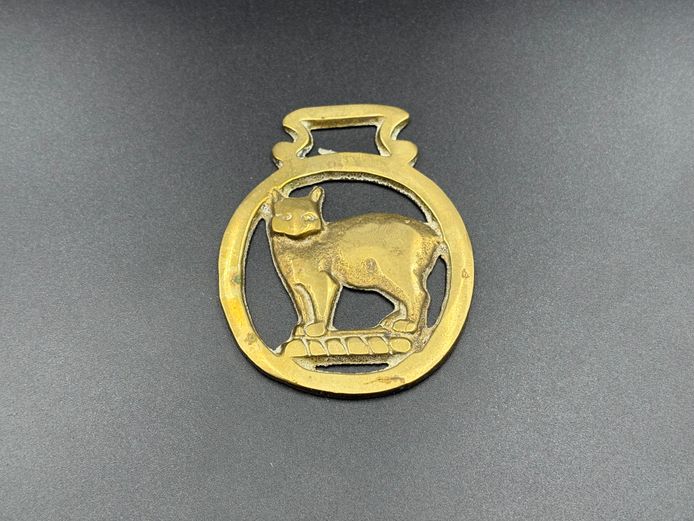Vintage Brass Horse Harness Medallion – Standing Heraldic Cat on Torse Design