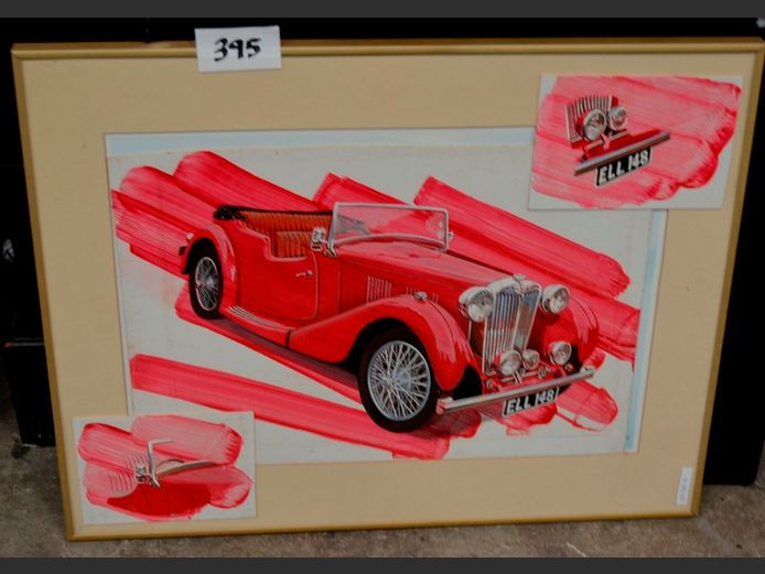 FRAMED PAINTING ON PAPER "VINTAGE MG", 48.5 x 33.5cm