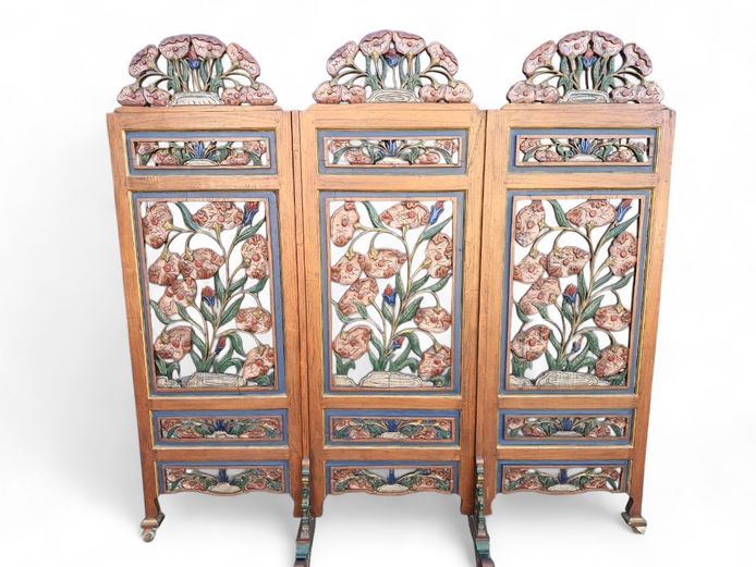 Balinese Multi-Panel Hand Carved Mango Wood Screen