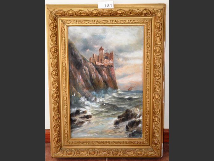 ANTIQUE GILT ORNATELY FRAMED OIL ON CANVAS "CASTLE ON CLIFF", 55 x 35cm