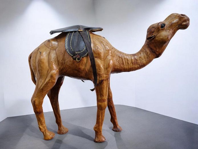 Large Leather Wrapped Standing Camel Figure with Saddle