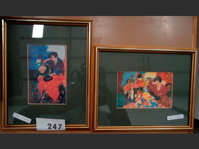 PAIR GILT FRAMED PRINTS "LADIES DINING", 15 x 9.5cm