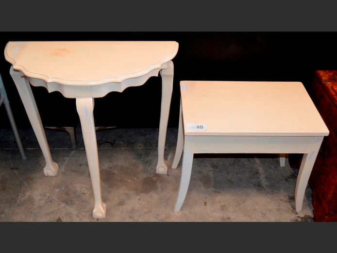 CREAM PAINTED HALF MOON TABLE, 63 x 31 x 63cm, & A CREAM PAINTED SIDE TABLE, 50 x 33 x 45cm [7,8]