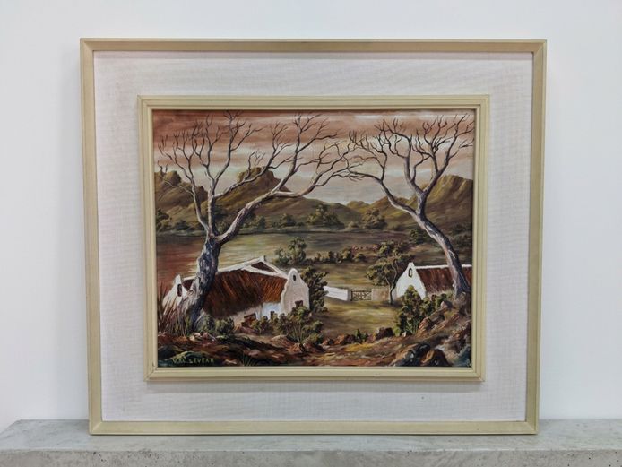 Cape Dutch Farmstead Landscape with Mountain Backdrop by V. Rosevear