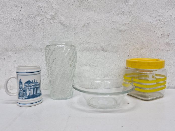 4-Piece Mixed Kitchen Glassware Lot: Textured Vase/Jar, Bowl, Cannister & Ceramic Stein