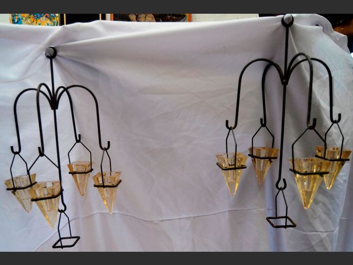 PAIR METAL & GLASS HANGING CANDLE HOLDERS, 28cm Diameter x 41cm High [1 glass insert chapped, 2 inserts needed]