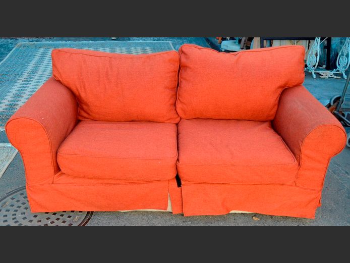 CORICRAFT BURGUNDY 2-SEATER COUCH WITH SLIP COVERS, 180 x 95cm