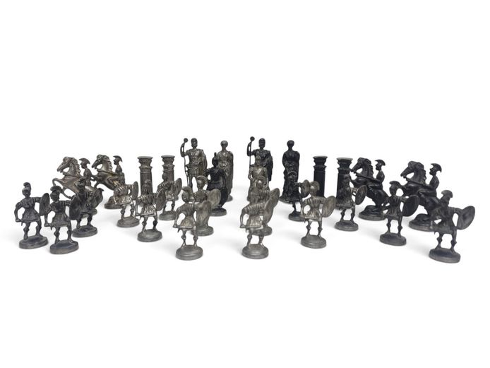 Vintage Italian Brevettato Cast Metal Chess Set (29 Pieces)