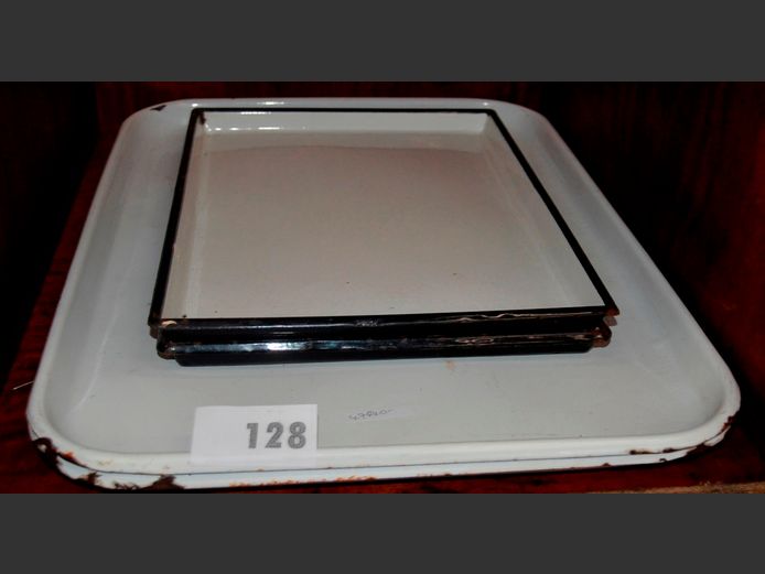 LOT OF 4: ENAMEL TRAYS, 61 x 45cm & 42 x 32cm