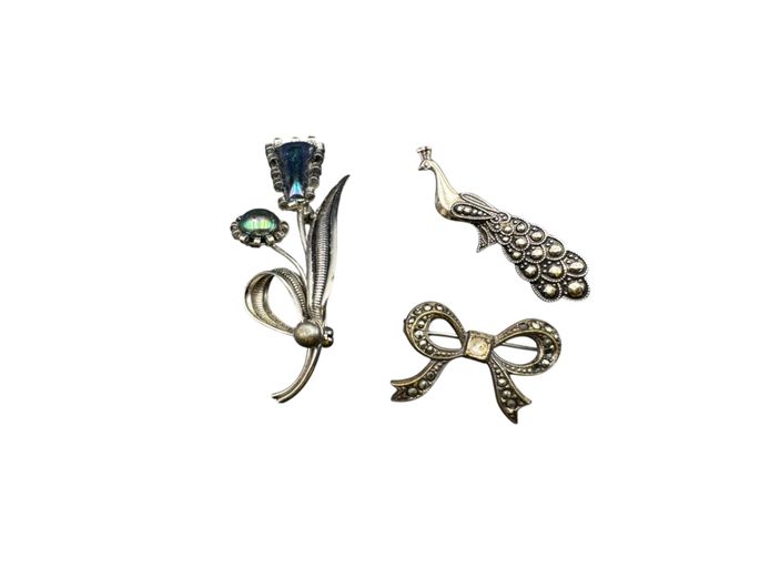 Collection of Vintage Decorative Brooches – Floral, Peacock & Bow Designs (3 Pieces)