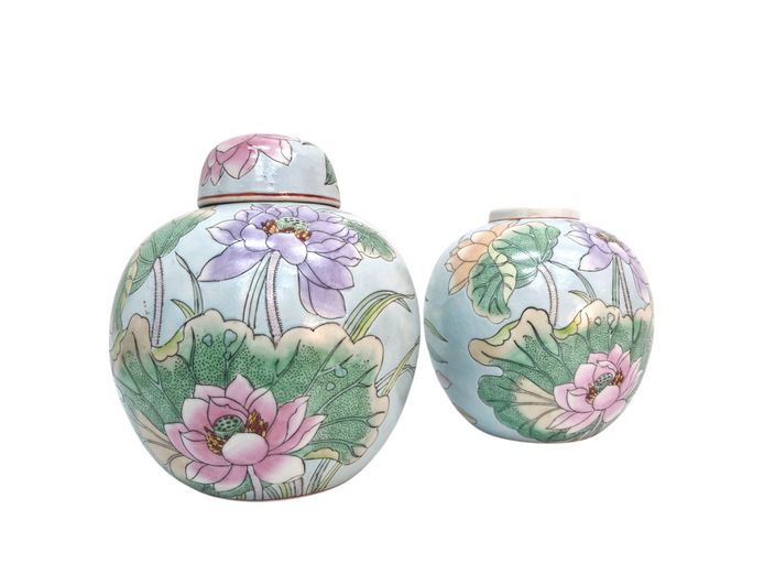 Chinese Famille Rose Hand-Painted Lotus Ceramic Ginger Jars