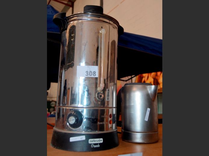 MELLERWARE STAINLESS STEEL 10 LITRE URN [Switches on, untested further] & A STAINLESS STEEL KETTLE [Untested, no base]
