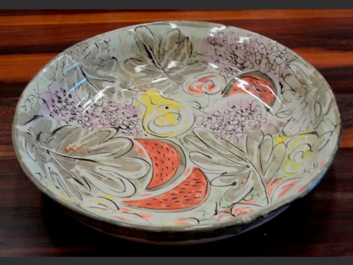 HAND PAINTED POTTERY BOWL, 39.5cm Diameter