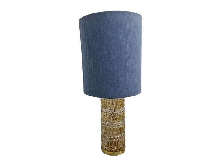 Large Cut-Glass Table Lamp with Blue Drum Shade