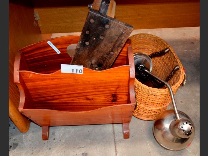 MAGAZINE STAND, SIDE TABLE, BILTONG CUTTER, WICKER BASKET, DESK LAMP, etc