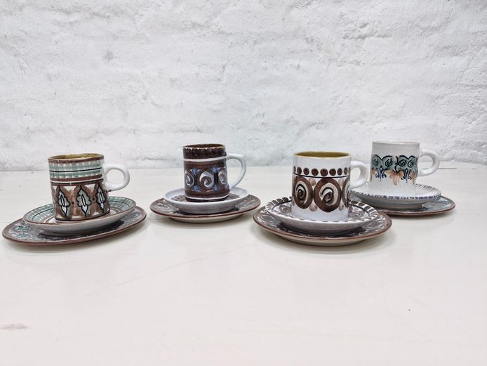 Set of 4 Vintage Hand-Painted Studio Pottery Teacups Trio Sets
