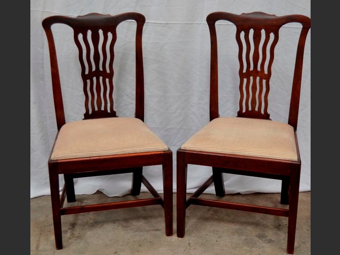 PAIR MAHOGANY SPLAT BACK DINING CHAIRS WITH BEIGE UPHOLSTERY