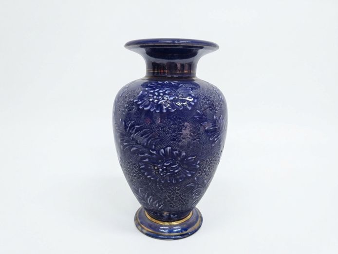 Late 19th Century Doulton Lambeth "Chine Ware" Impressed Lace Cobalt Glaze Vase