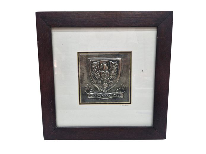 Framed Pewter Relief Crest - St John's College Coat of Arms by K. Scheibe
