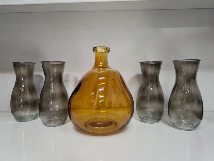 Organic Form Amber Bottle & 4 Smokey Grey Glass Vases