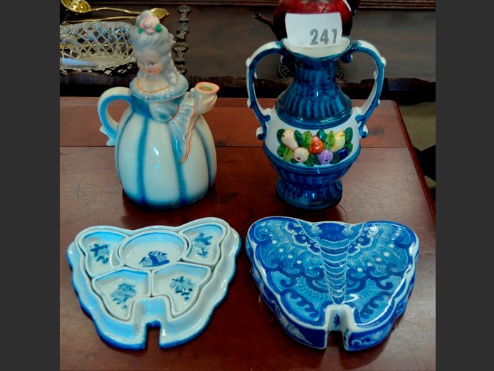 HAND PAINTED "LADY", COFFEE POT & VINTAGE ASIAN BLUE & WHITE MOTH SHAPED SWEET MEAT DISH, etc