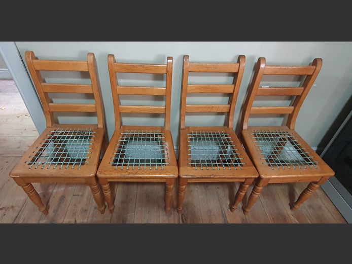 SET OF 4 OAK PIEMPIE SEAT DINING CHAIRS [Riempies needs replacing]