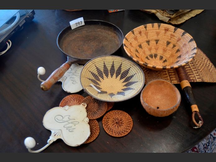 CAST IRON FRYING PAN, WOVEN BASKETS, etc [9,10]