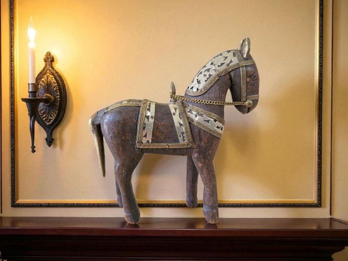 Antique Trojan Carved Wooden Horse with Brass & Silver Armour