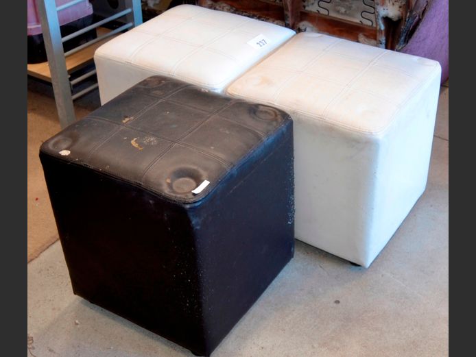 LOT OF 3: BLACK & WHITE LEATHER TOUCH OTTOMANS, 40 x 40 x 45cm [Cat scratches]