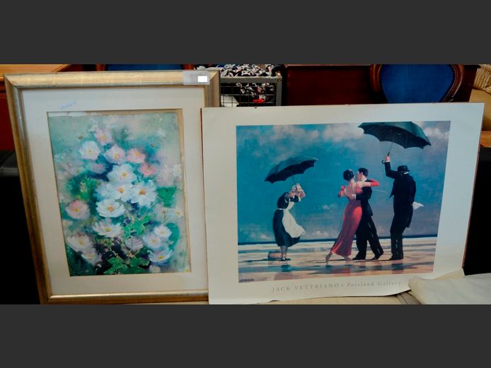 FRAMED WATERCOLOUR "FLOWERS", 50 x 36cm, & A FRAMED PRINT [No glass], 61 x 48cm