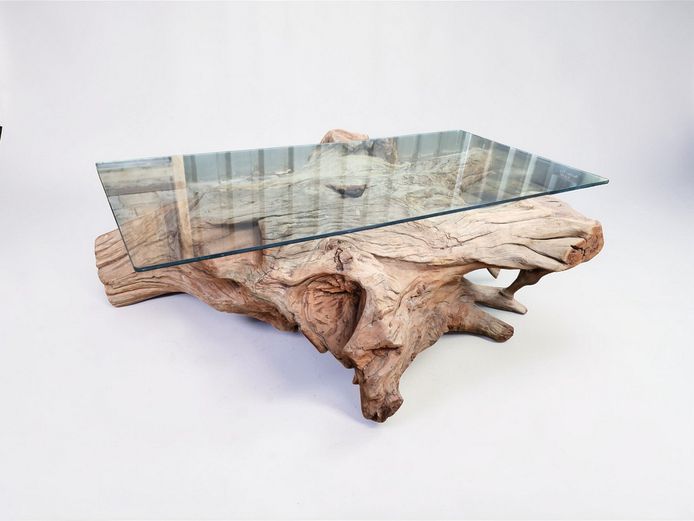 Sculptural Root Wood Coffee Table with Glass Top