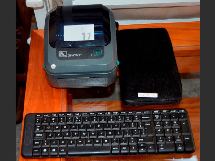 ZEBRA GK420D LABEL PRINTER [No power supply], WIRELESS KEYBOARD & A CLUTCH BAG [Untested]