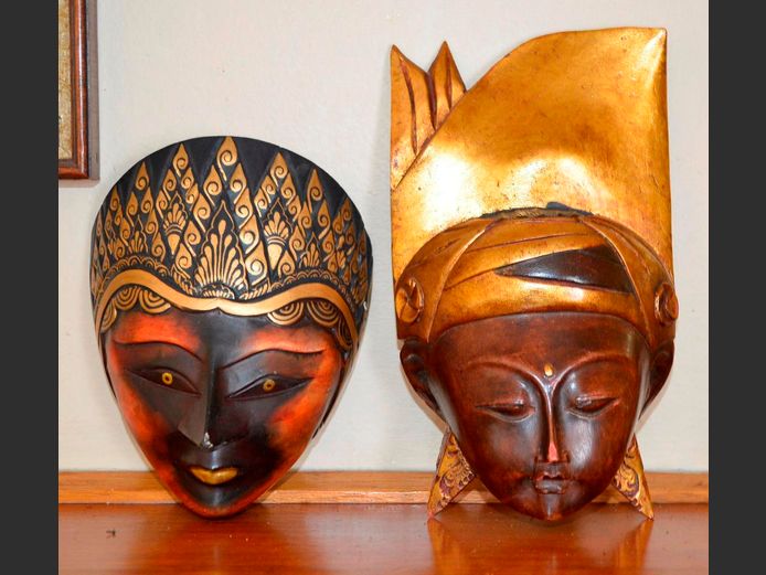 PAIR CARVED & HAND PAINTED INDIAN MASKS, 16cm High & 21cm High